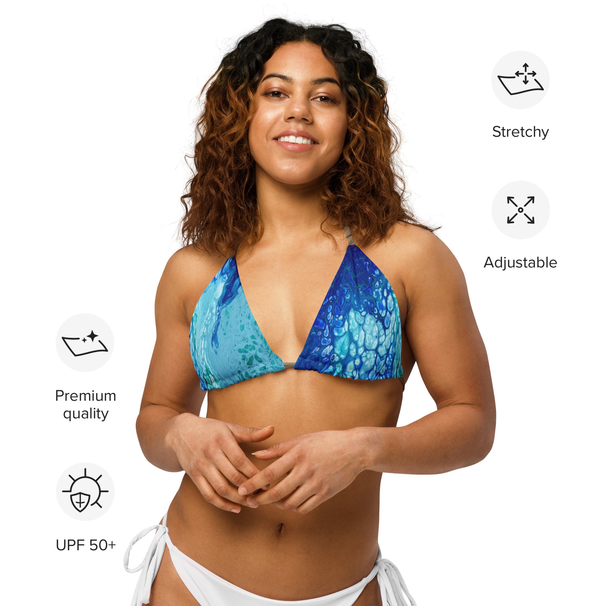 Ocean Acrylic All-over print recycled string bikini top – Haley Mermaid LLC